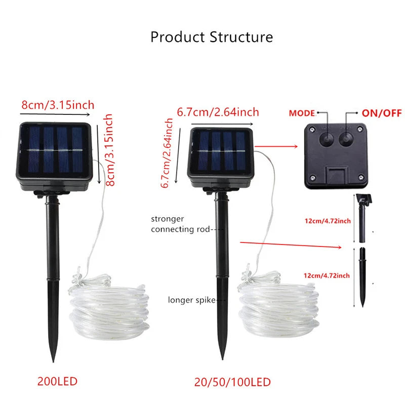 Solar Rope Lights Outdoor LED String Lights 8 Modes Garden Hose Lights Decorative Wedding Christmas Halloween Patio Porch Pool