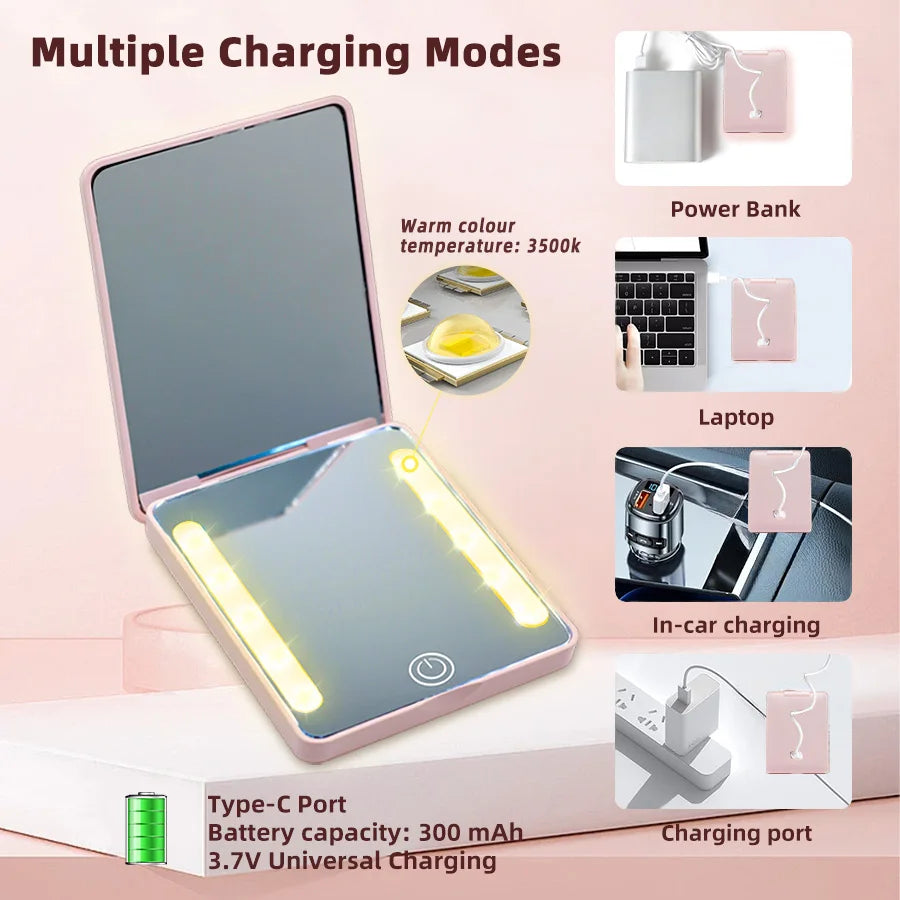 LED 3-Color Dimmable Double-Sided Mirror (HD + 2x) - Ultra-Thin Foldable, Ins Style, Travel Touch-Up, Gift for Women