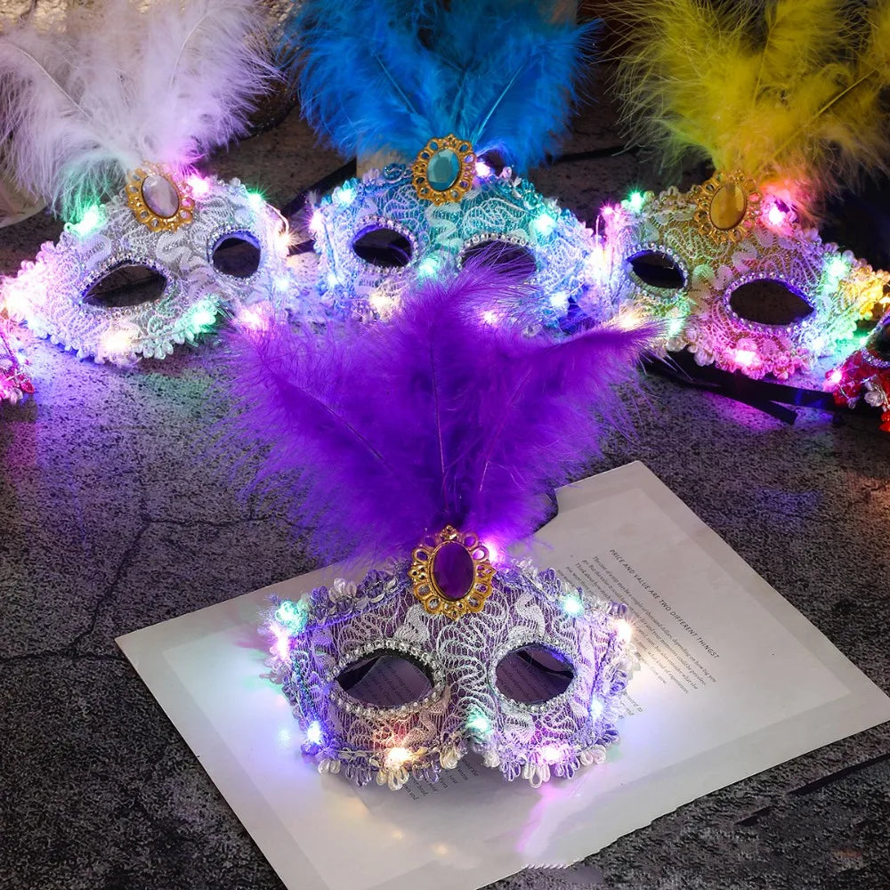 Creative Plastic LED Glowing Mask Lace Half Face Mask Feather Mask Light Up Eye Mask Venice Masquerade Mask Carnival