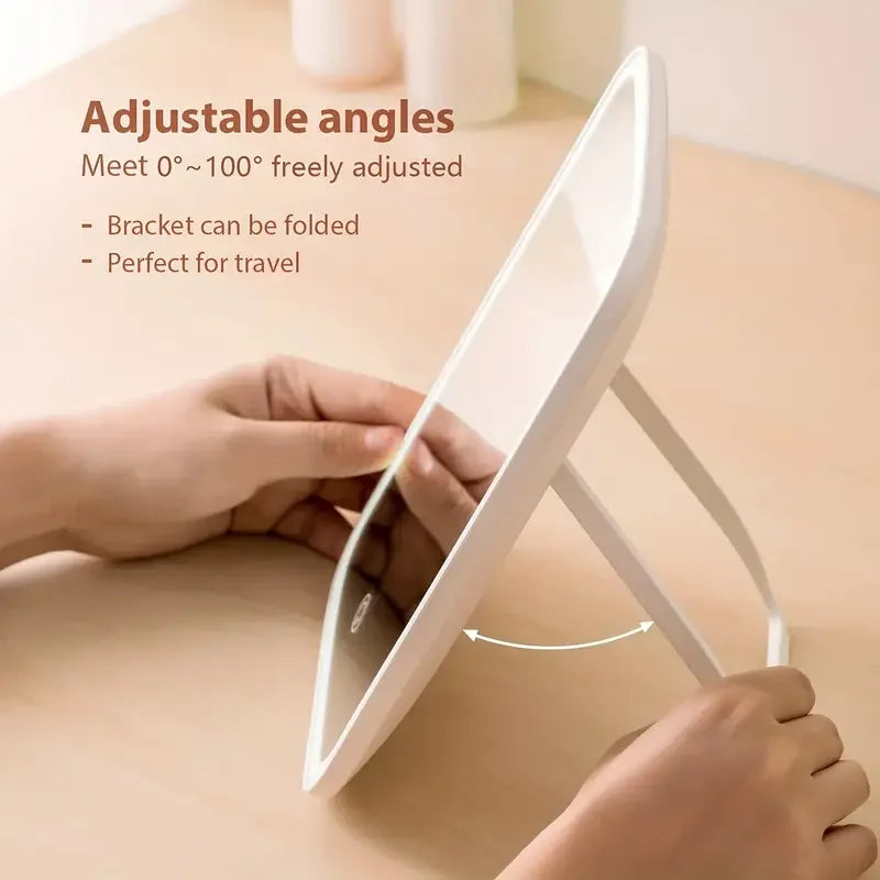 LED Makeup Mirror with Stand Desktop Folding Compact Square Travel Cosmetic Mirror With 3 colours lights Portable Handheld Gifts