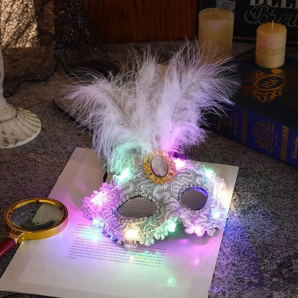 Fancy Plastic LED Glowing Mask Lace Half Face Mask Feather Mask Cosplay Costume Light Up Venice Masquerade Mask Women