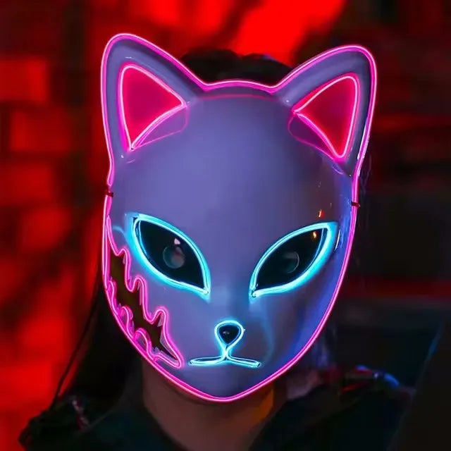 1PC Glowing Demon Slayer Led Face Mask Anime Cosplay Prop Cat Face Fox Halloween Cold Light Flashing Mask Party Costume
