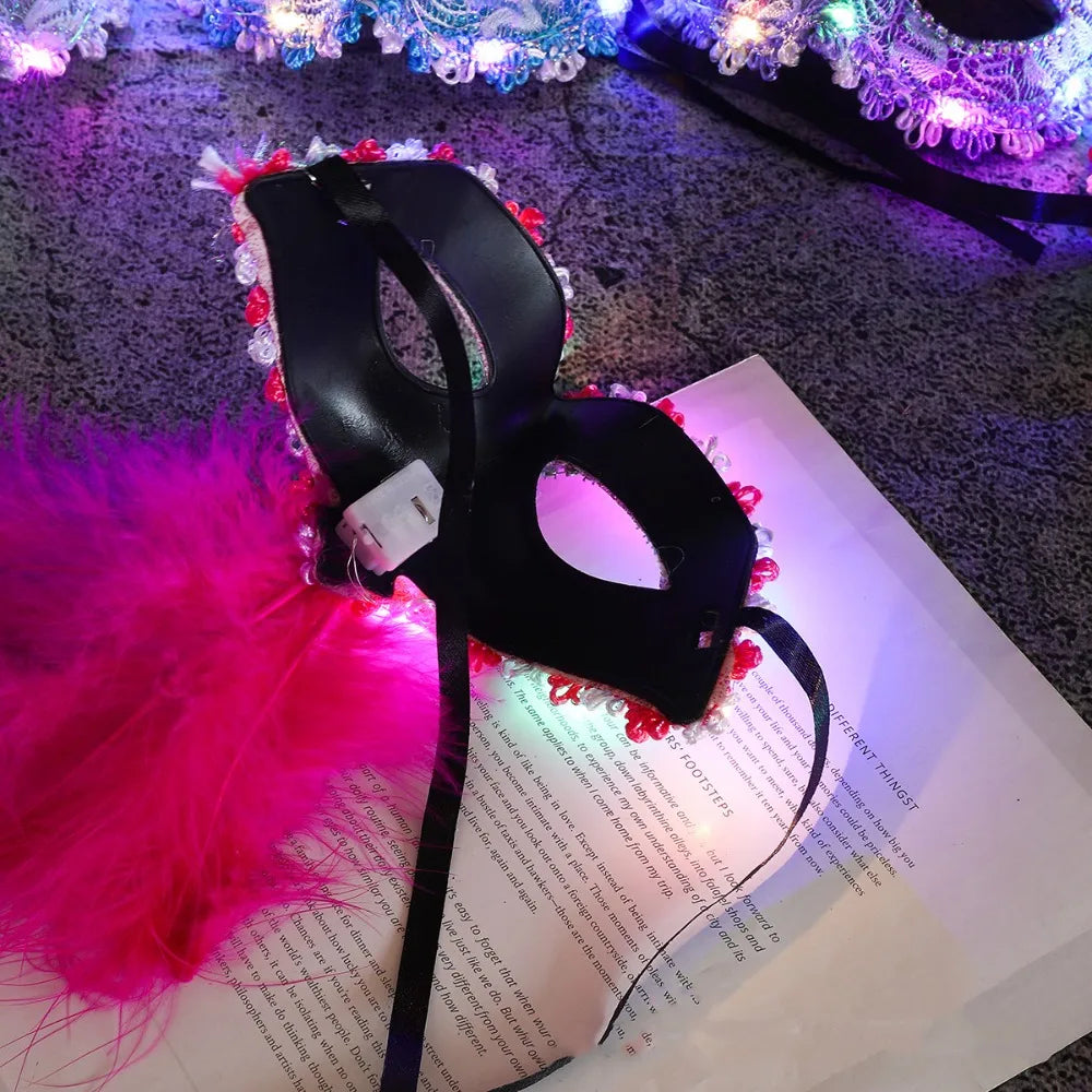 Creative Plastic LED Glowing Mask Lace Half Face Mask Feather Mask Light Up Eye Mask Venice Masquerade Mask Carnival