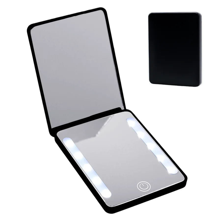 LED 3-Color Dimmable Double-Sided Mirror (HD + 2x) - Ultra-Thin Foldable, Ins Style, Travel Touch-Up, Gift for Women