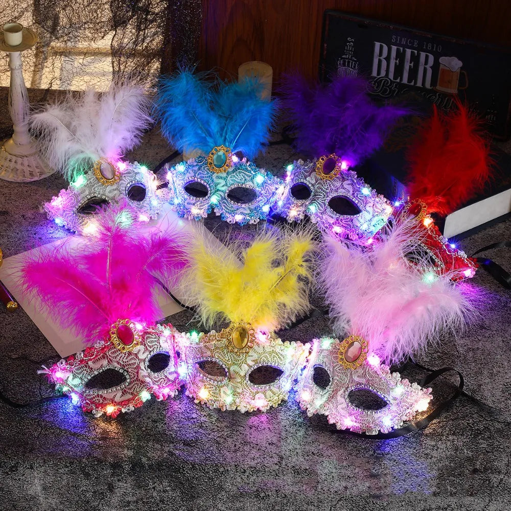 Fancy Plastic LED Glowing Mask Lace Half Face Mask Feather Mask Cosplay Costume Light Up Venice Masquerade Mask Women