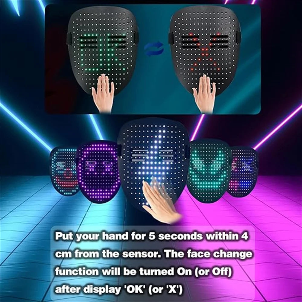 LED Mask with Gesture Sensing Light up Face Transforming Led Halloween Mask for Kids Men Women Costume Cosplay Party
