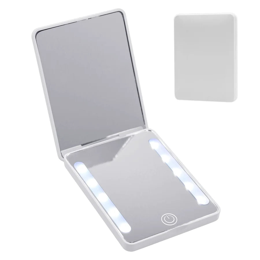 LED 3-Color Dimmable Double-Sided Mirror (HD + 2x) - Ultra-Thin Foldable, Ins Style, Travel Touch-Up, Gift for Women