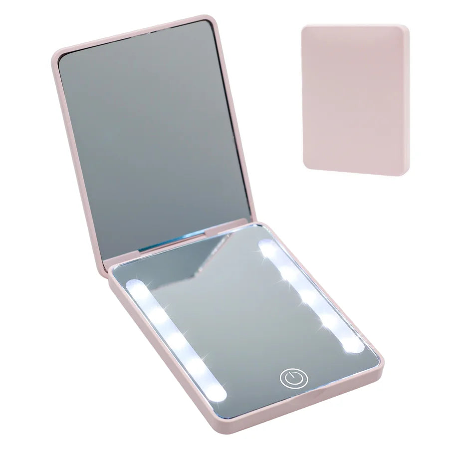 LED 3-Color Dimmable Double-Sided Mirror (HD + 2x) - Ultra-Thin Foldable, Ins Style, Travel Touch-Up, Gift for Women