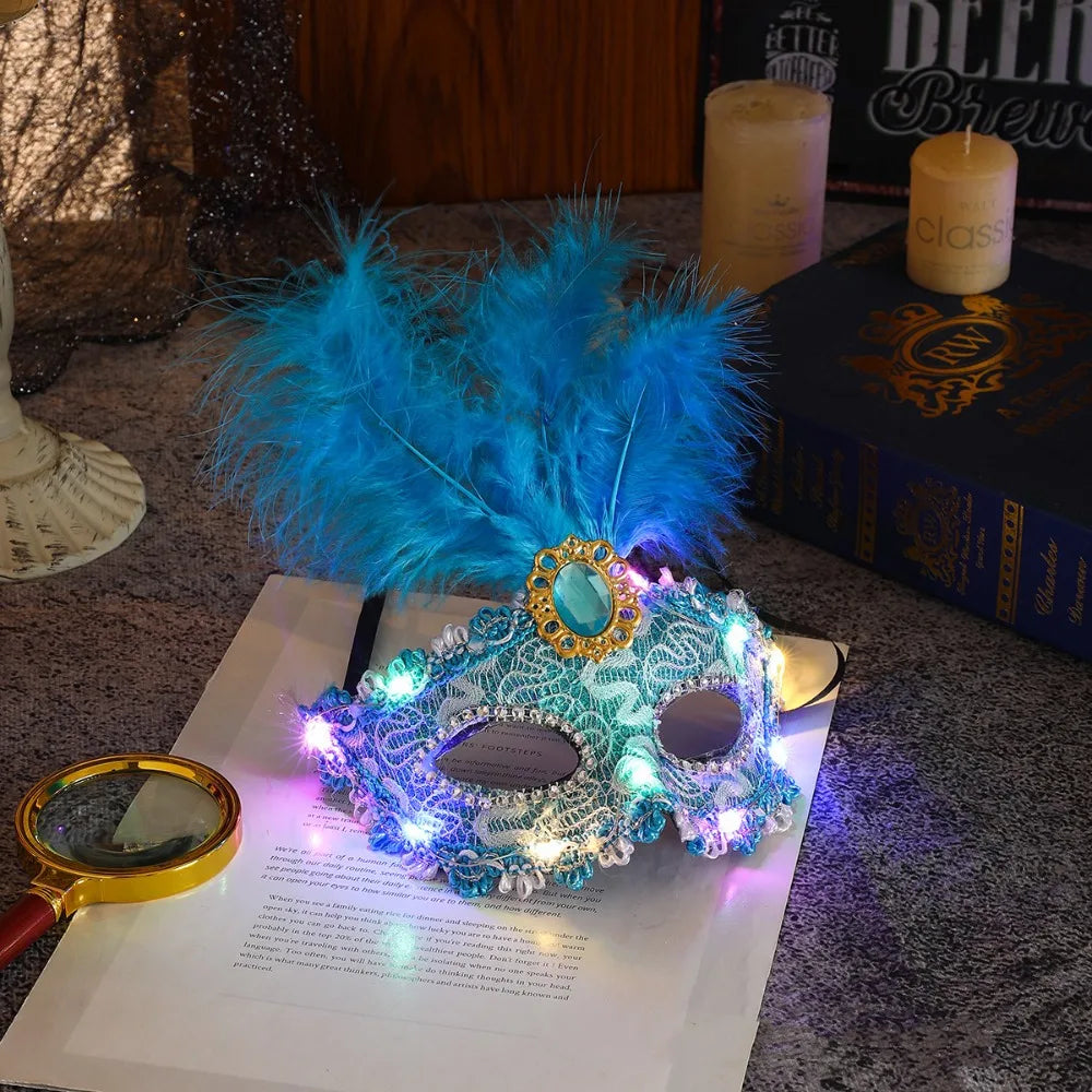 Creative Plastic LED Glowing Mask Lace Half Face Mask Feather Mask Light Up Eye Mask Venice Masquerade Mask Carnival
