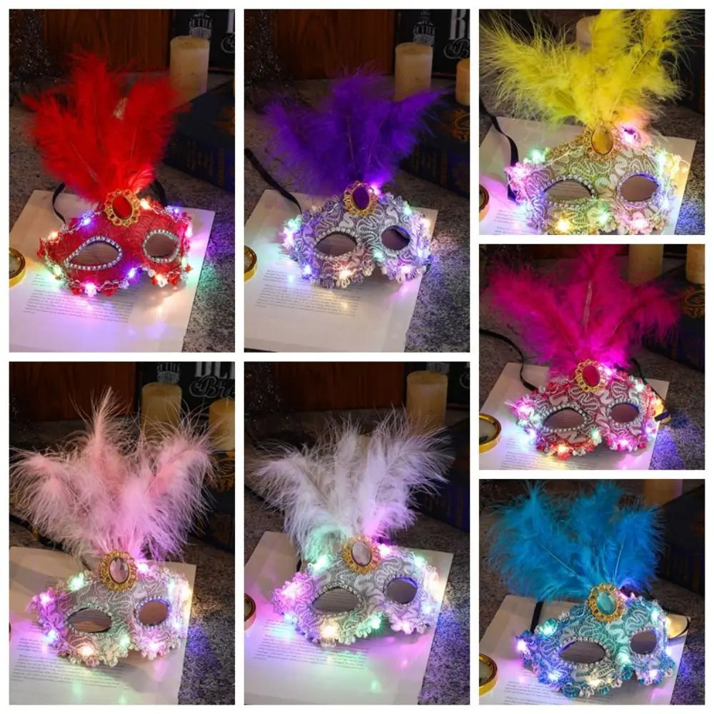 Fancy Plastic LED Glowing Mask Lace Half Face Mask Feather Mask Cosplay Costume Light Up Venice Masquerade Mask Women