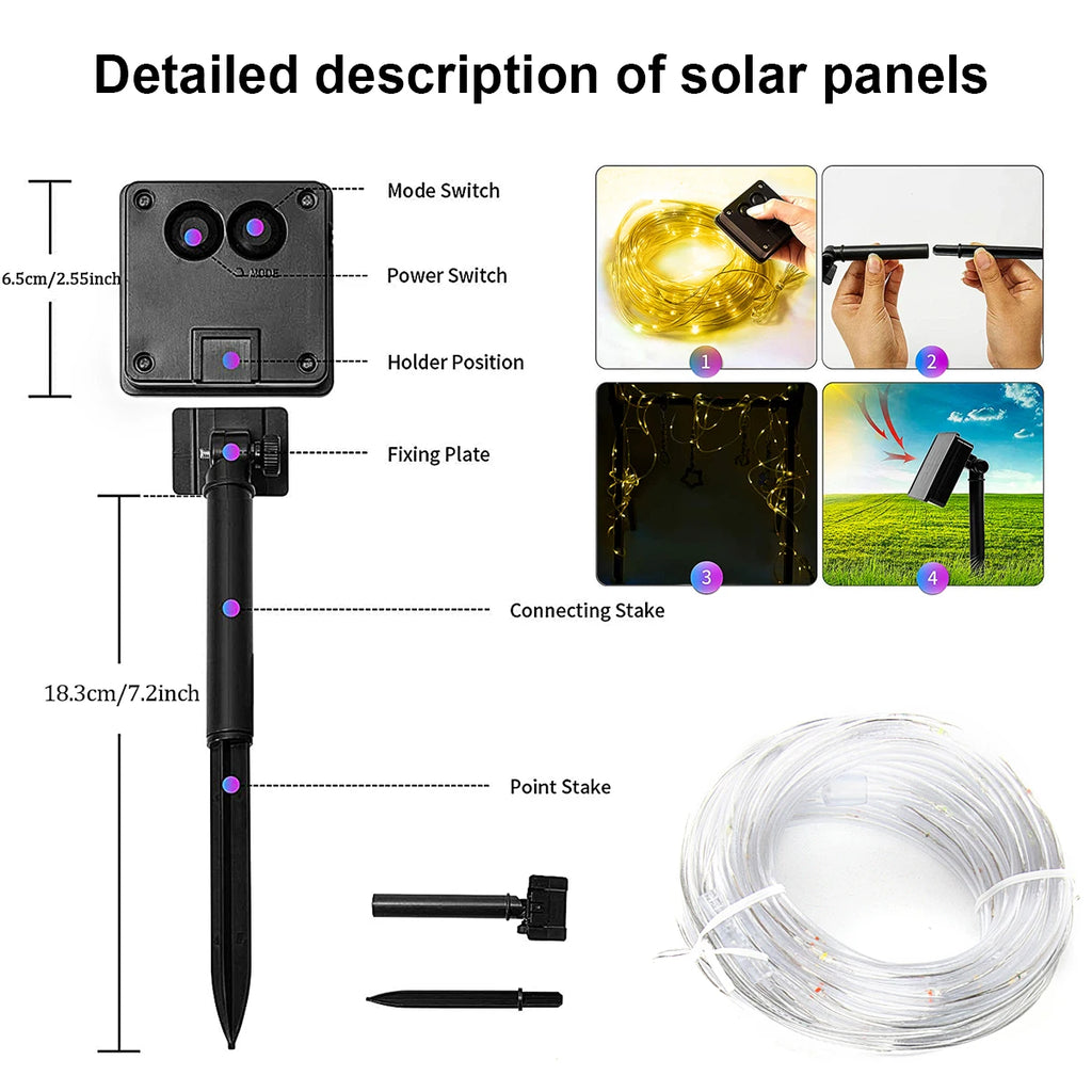 Solar 200 LED Rope Light Waterproof Outdoor Solar Powered Fairy Lights 8 Mode Christmas for Garden Yard Holiday Tree Decor Light