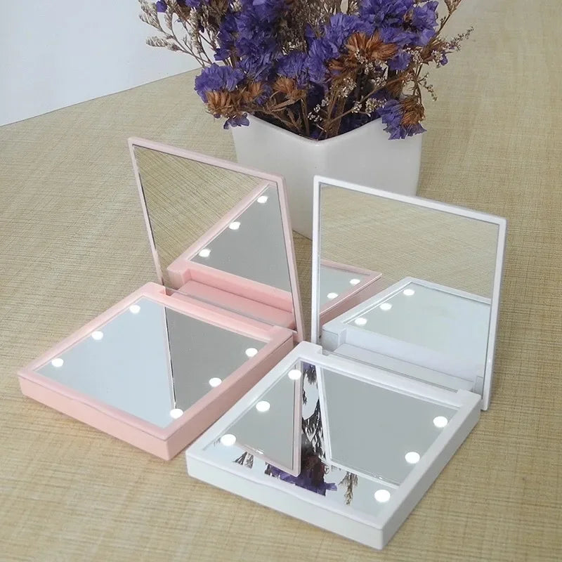 6 Led Makeup Mirror With Light  Magnifying Small Pocket Portable Travel Pink Black White Foldable Cosmetics Vanity Mirrors