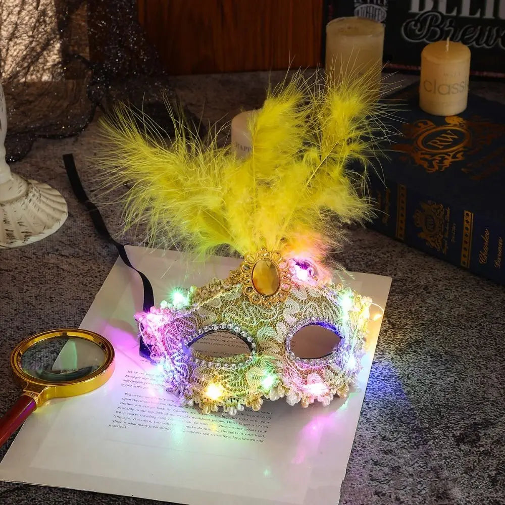 Fancy Plastic LED Glowing Mask Lace Half Face Mask Feather Mask Cosplay Costume Light Up Venice Masquerade Mask Women