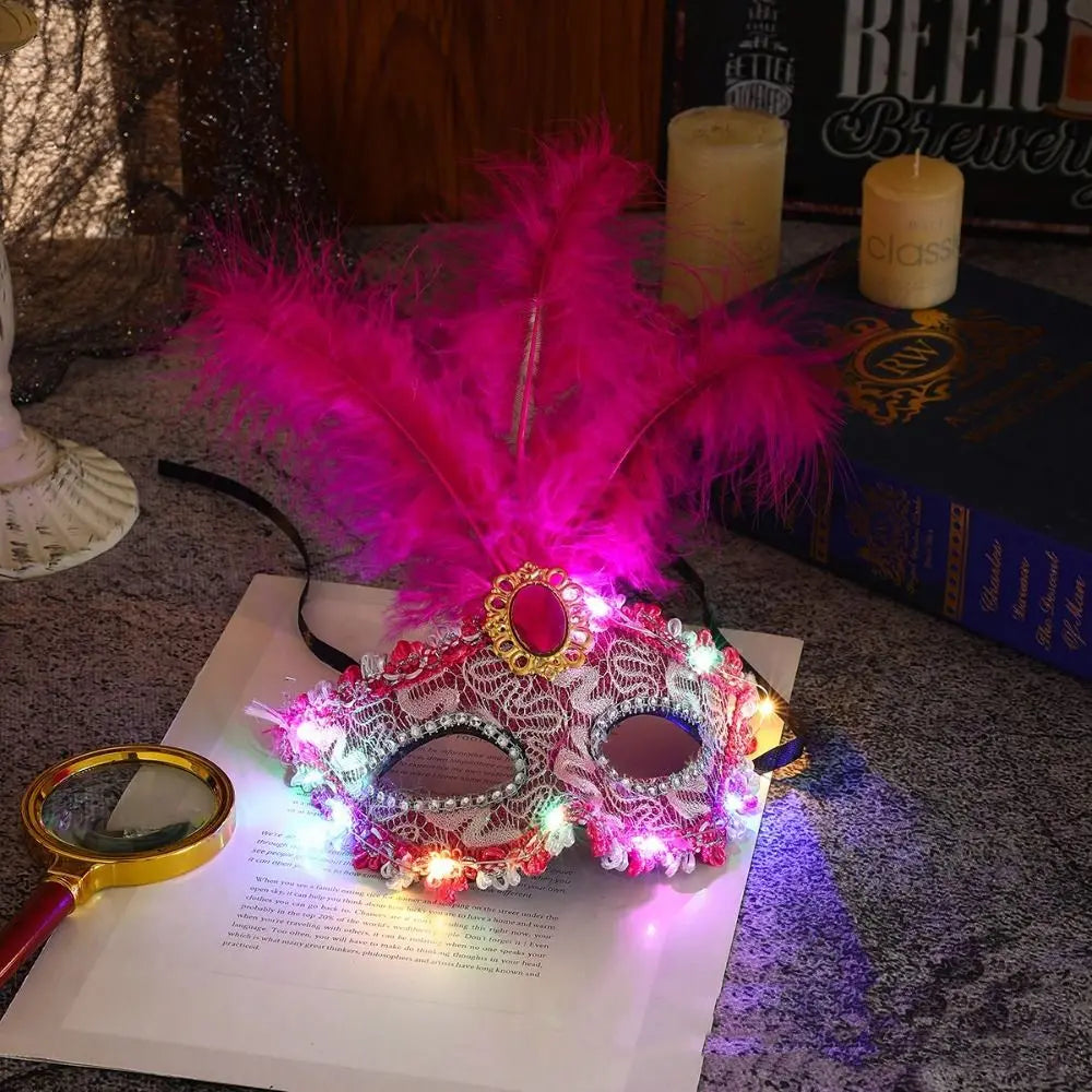 Fancy Plastic LED Glowing Mask Lace Half Face Mask Feather Mask Cosplay Costume Light Up Venice Masquerade Mask Women