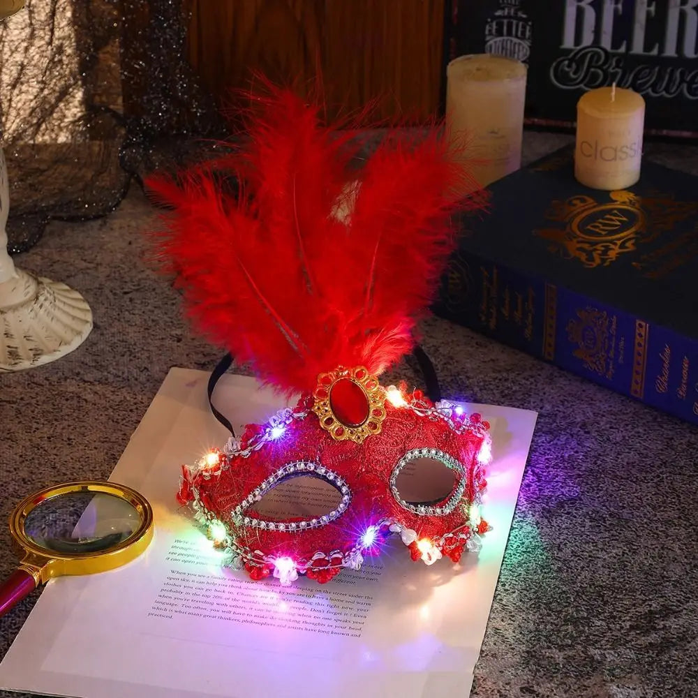 Fancy Plastic LED Glowing Mask Lace Half Face Mask Feather Mask Cosplay Costume Light Up Venice Masquerade Mask Women