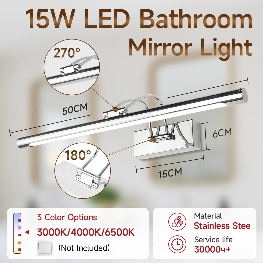 Mirror Wall Lamp Metal LED Mirror Lights Tri-color Dimmable Home Decoration Bathroom for Bedroom Kitchen Cosmetic mirror light