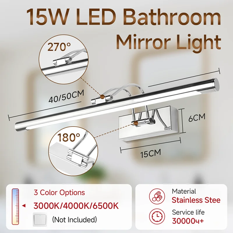 Mirror Led Wall Lamp Modern Bathroom Wall Light Decor Strip Light 40CM 50CM Toiliet Washroom Fixture Indoor Ip65 Waterproof 15W