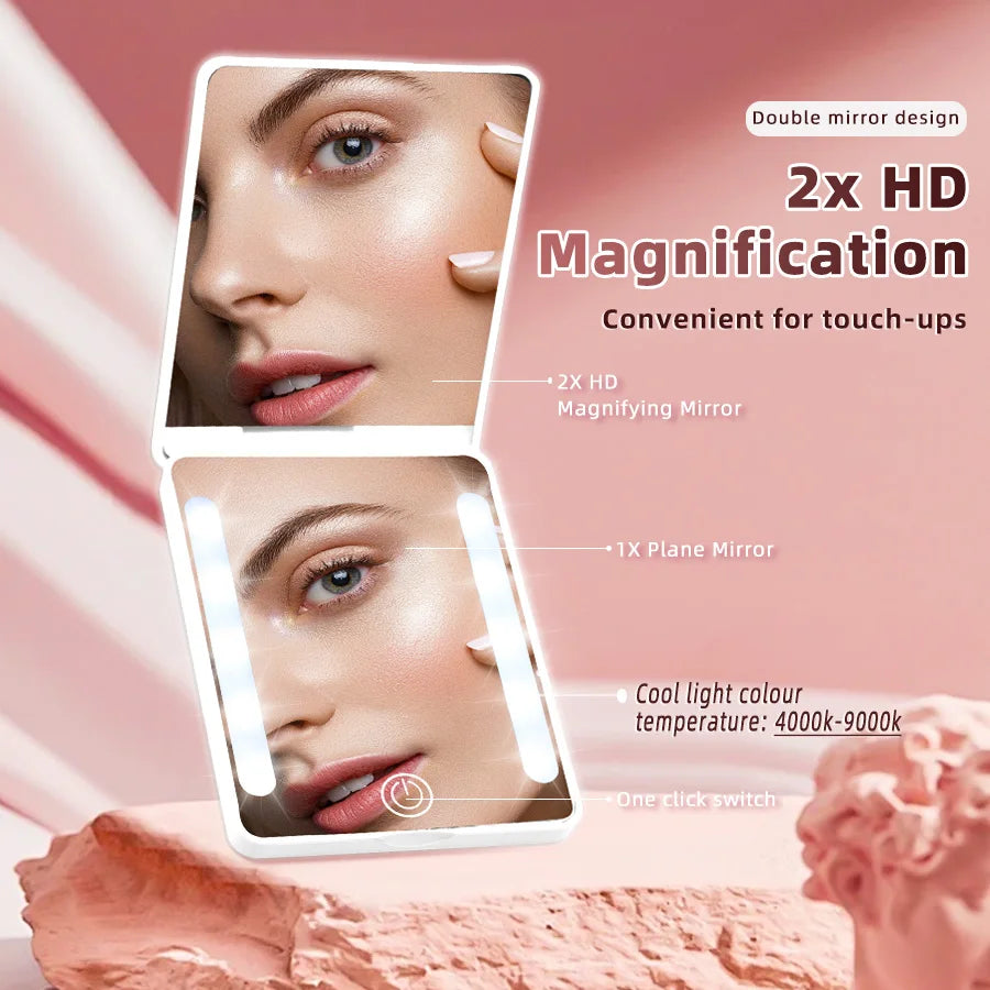 LED 3-Color Dimmable Double-Sided Mirror (HD + 2x) - Ultra-Thin Foldable, Ins Style, Travel Touch-Up, Gift for Women